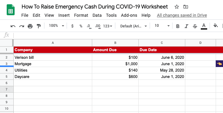 Emergency Cash Worksheet for COVID-19