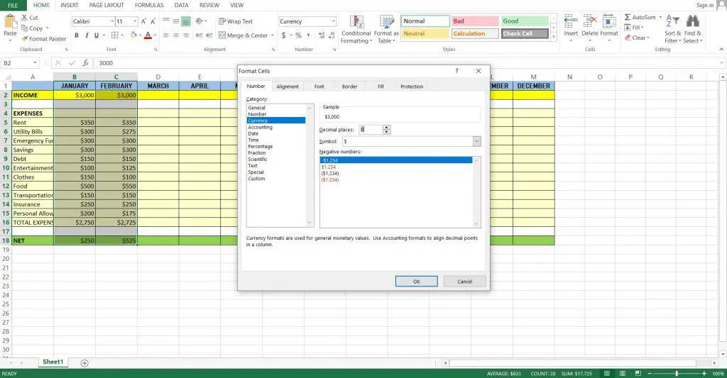 Step 12: Highlight and format the spreadsheet according to your preference. You can be creative in making your spreadsheet more appealing by adding colors and borders. This will also create a distinction making it easily understandable. Make sure to bold headings especially the Income, Total Expenses and Net. You can also format the values into the applicable currency so you don’t have to manually type the currency sign every time.