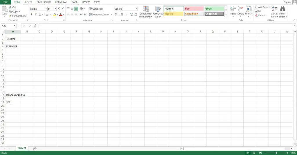 Step 3: Start with the Row Headings. (Income, Expenses including Savings and Debt, and Net)