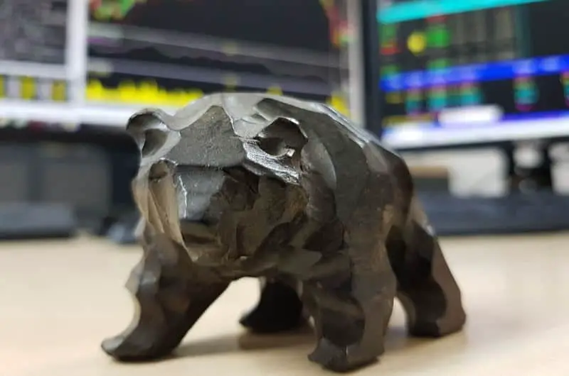 A wood carving of a bear, sitting in front of 2 monitors that are showing stock investing data, representing a bear market.