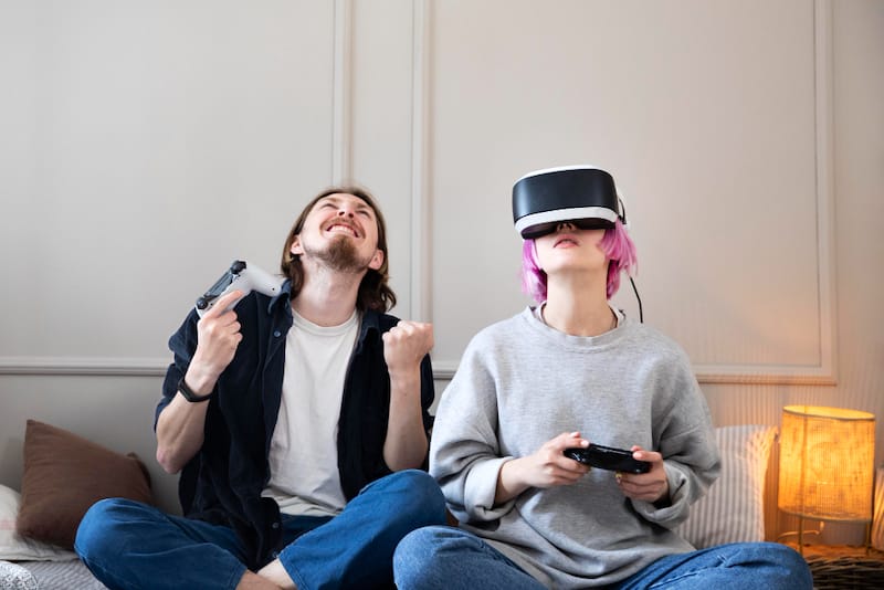 A young woman is playing a VR game to earn money on the metaverse