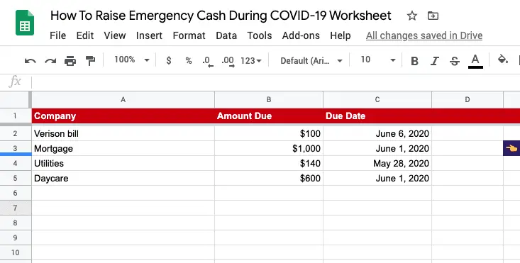 Emergency Cash Worksheet for COVID-19