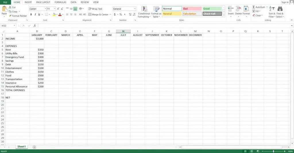 Step 6: Input the data corresponding to each category for each month including the Income and Expenses.
