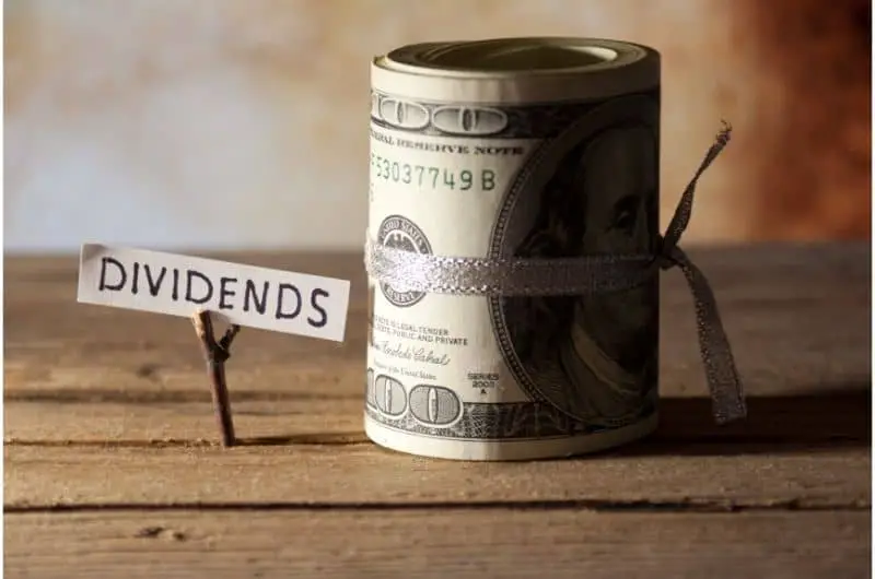 A big roll of a hundred dollar bills are next to a baby tree that says dividends. Like the baby tree, dividends help grow your already invested money to catapult your savings into wealth.